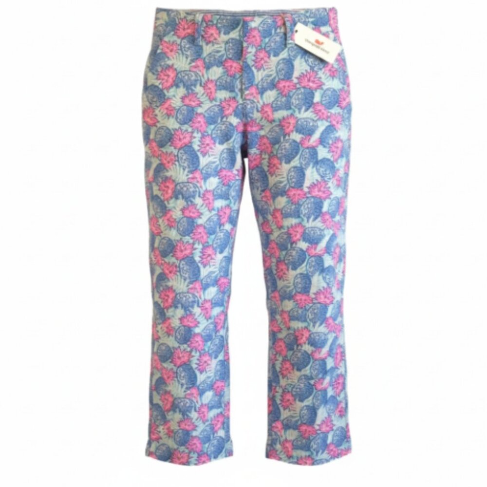 Vineyard Vines Women’s Crop Pants Sz 2 Blue Pink Pineapple Linen Blend NWT